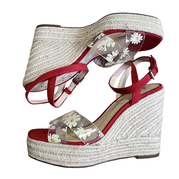Jessica Simpson Red Velvet Floral Toe Strap Wedge Espadrilles - 8.5 - Picture 8 of 8